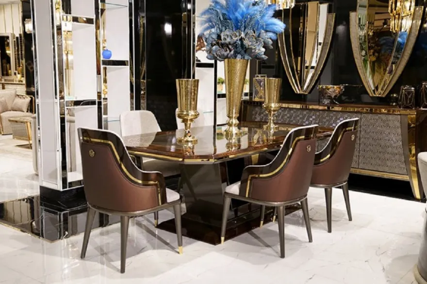 Casa Padrino Luxus Esstisch Grau / Braun / Gold 226 x 112 x H. 70 cm - Rechteckiger Massivholz Küchentisch - Esszimmer Möbel - Luxus Möbel - Luxus Kollektion