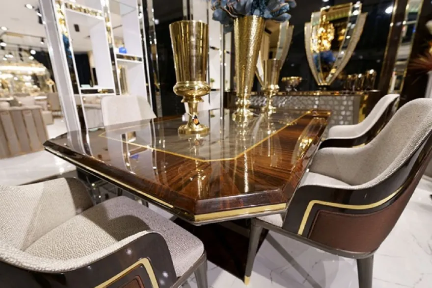Casa Padrino Luxus Esstisch Grau / Braun / Gold 226 x 112 x H. 70 cm - Rechteckiger Massivholz Küchentisch - Esszimmer Möbel - Luxus Möbel - Luxus Kollektion