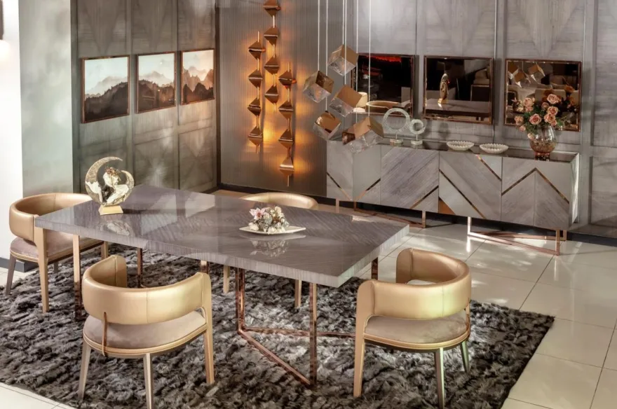 Casa Padrino Luxus Esstisch Grau / Kupfer 210 x 100 x H. 75 cm - Rechteckiger Küchentisch mit Massivholz Tischplatte und Metallbeinen - Esszimmer Möbel - Küchen Möbel - Luxus Möbel