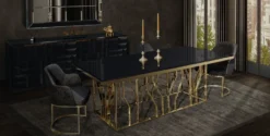 Casa Padrino Luxus Esstisch Gold / Schwarz 200 x 100 x H. 77 cm - Rechteckiger Edelstahl Küchentisch mit Glasplatte - Luxus Esszimmer Möbel
