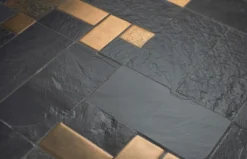 Casa Padrino Luxus Esstisch Mehrfarbig / Schwarz Ø 120 x H. 76 cm - Runder Küchentisch mit Schieferplatten & Keramik Fliesen