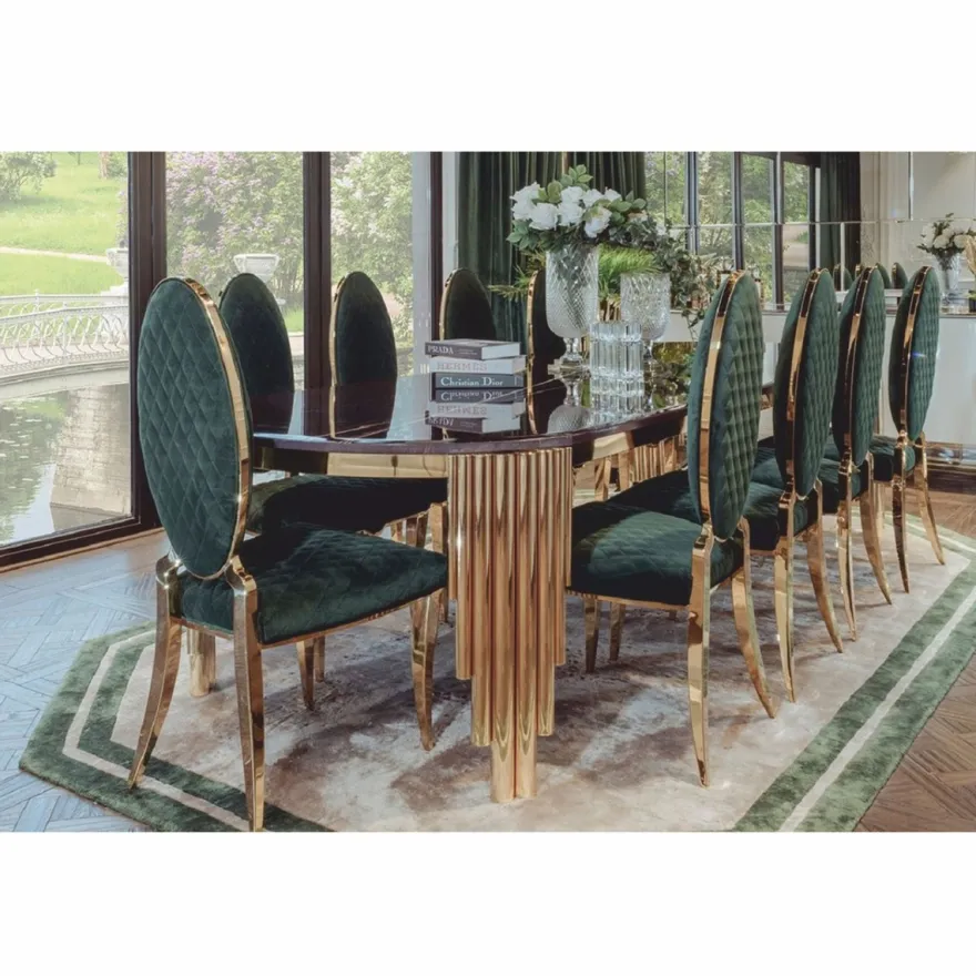 Casa Padrino Luxus Esstisch mit Kunstmarmor Tischplatte Schwarz / Gold 240 cm - Esszimmer Möbel