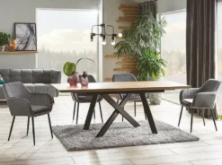Casa Padrino Luxus Esstisch Naturfarben / Matt Schwarz 160-200 x 90 x H. 76 cm - Ausziehbarer Küchentisch - Esszimmer Möbel - Küchen Möbel - Luxus Möbel