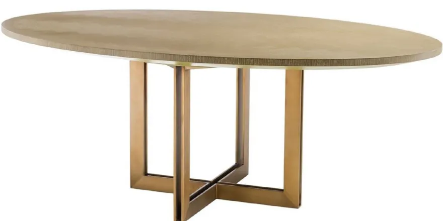 Casa Padrino Luxus Esstisch Naturfarben / Messing 200 x 120 x H. 76 cm - Ovaler Küchentisch - Luxus Esszimmer Möbel
