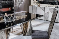 Casa Padrino Luxus Esstisch Schwarz / Silber 200 x 100 x H. 76 cm - Rechteckiger Esszimmertisch mit Glasplatte - Esszimmer Möbel - Luxus Möbel - Luxus Esszimmer Einrichtung
