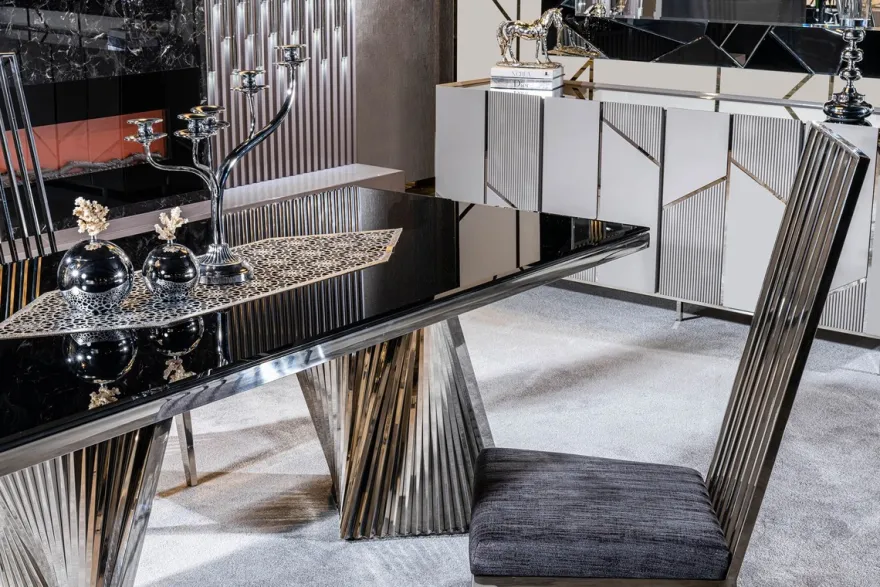 Casa Padrino Luxus Esstisch Schwarz / Silber 200 x 100 x H. 76 cm - Rechteckiger Esszimmertisch mit Glasplatte - Esszimmer Möbel - Luxus Möbel - Luxus Esszimmer Einrichtung