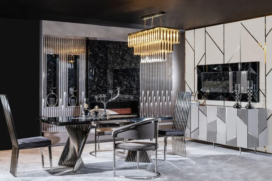Casa Padrino Luxus Esstisch Schwarz / Silber 200 x 100 x H. 76 cm - Rechteckiger Esszimmertisch mit Glasplatte - Esszimmer Möbel - Luxus Möbel - Luxus Esszimmer Einrichtung