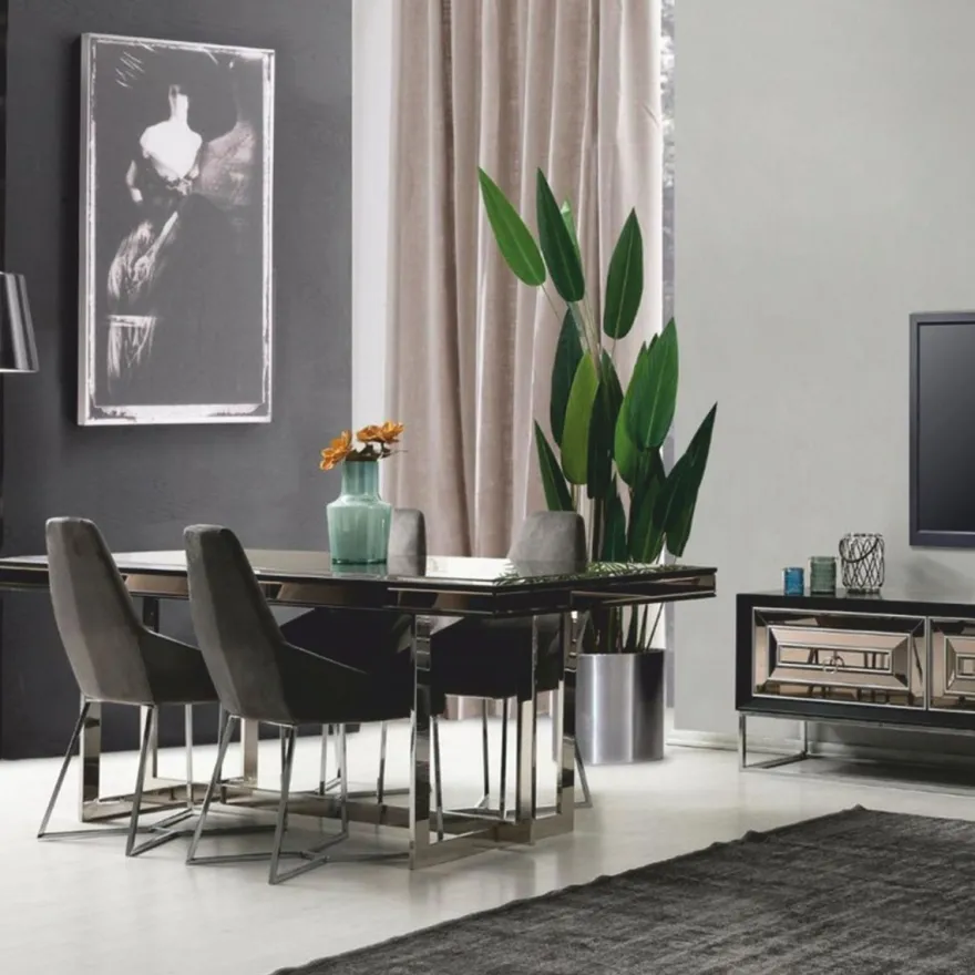 Casa Padrino Luxus Esstisch Schwarz / Silber 208 cm - Luxus Esszimmer Möbel