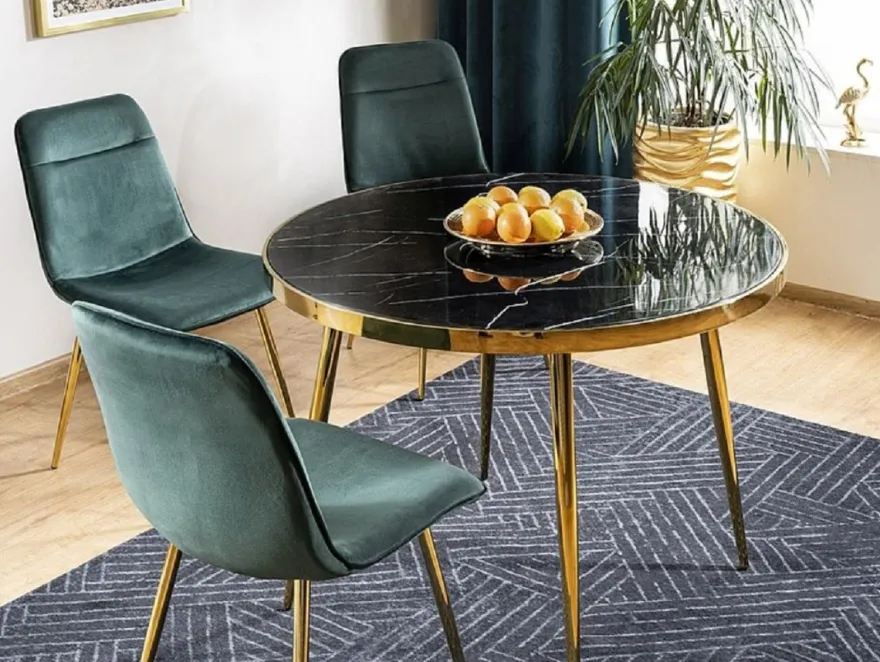 Casa Padrino Luxus Esstisch Schwarz / Gold Ø 100 x H. 75 cm - Runder Esszimmertisch mit Glasplatte in Marmoroptik - Esszimmer Möbel - Küchen Möbel