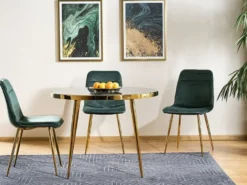 Casa Padrino Luxus Esstisch Schwarz / Gold Ø 100 x H. 75 cm - Runder Esszimmertisch mit Glasplatte in Marmoroptik - Esszimmer Möbel - Küchen Möbel