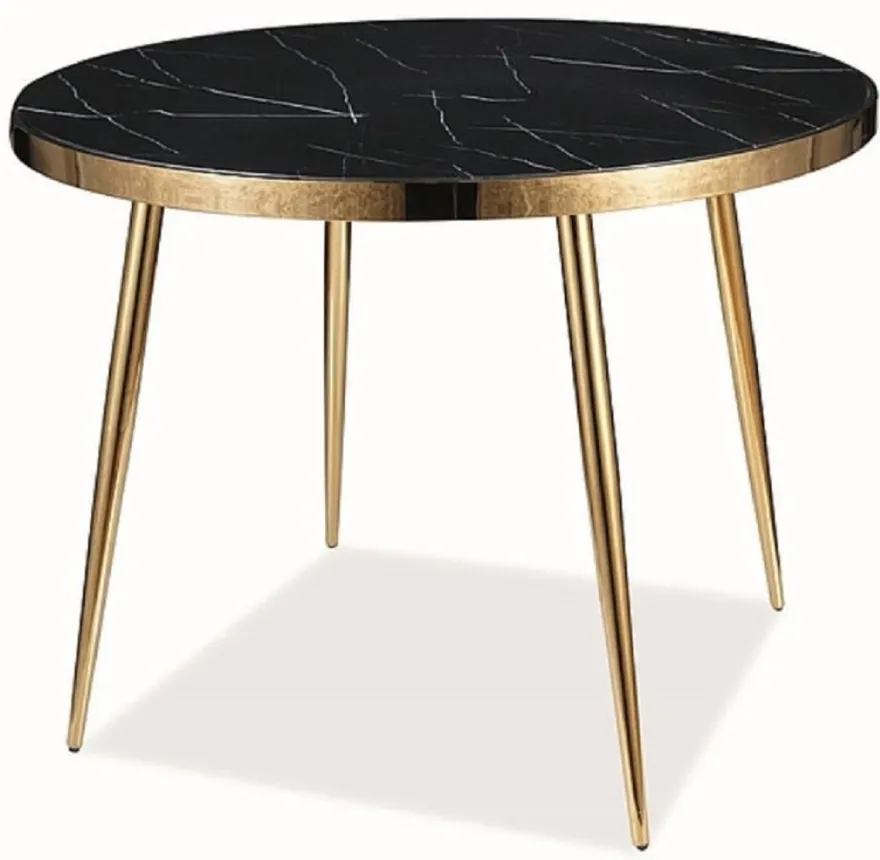Casa Padrino Luxus Esstisch Schwarz / Gold Ø 100 x H. 75 cm - Runder Esszimmertisch mit Glasplatte in Marmoroptik - Esszimmer Möbel - Küchen Möbel