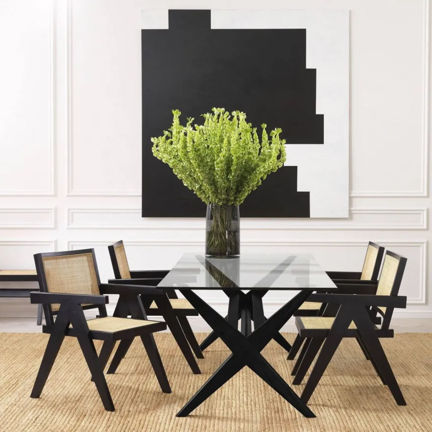 Casa Padrino Luxus Esstisch Schwarz 230 x 100 x H. 77 cm - Massivholz Küchentisch mit Glasplatte - Rechteckiger Esszimmertisch - Luxus Esszimmer Möbel
