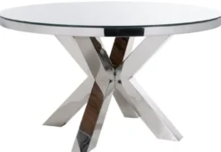 Casa Padrino Luxus Esstisch Silber / Braun Ø 140 x H. 75 cm - Runder Edelstahl Küchentisch mit Massivholz Tischplatte und Glasplatte - Esszimmer Möbel - Luxus Möbel - Luxus Einrichtung