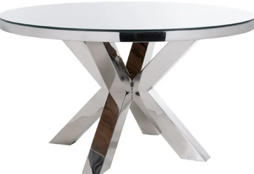 Casa Padrino Luxus Esstisch Silber / Braun Ø 140 x H. 75 cm - Runder Edelstahl Küchentisch mit Massivholz Tischplatte und Glasplatte - Esszimmer Möbel - Luxus Möbel - Luxus Einrichtung