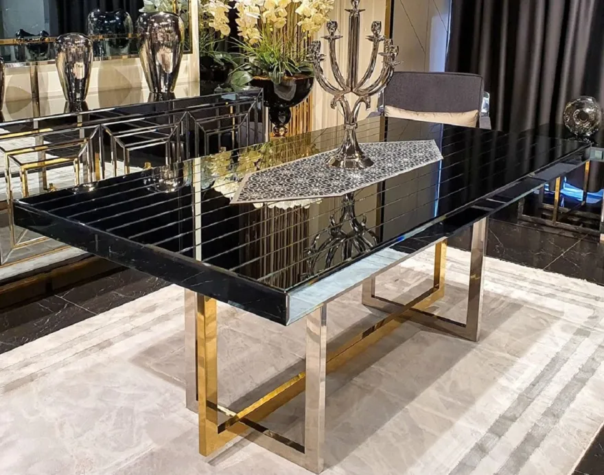Casa Padrino Luxus Esstisch Silber / Gold 200 x 100 x H. 77 cm - Verspiegelter Küchentisch - Verspiegelte Luxus Esszimmer Möbel