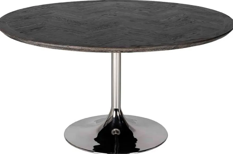 Casa Padrino Luxus Esstisch Schwarz / Silber Ø 140 x H. 75 cm - Runder Esszimmertisch mit Eichenfurnier Tischplatte und Edelstahl Tischbein - Luxus Esszimmer Möbel