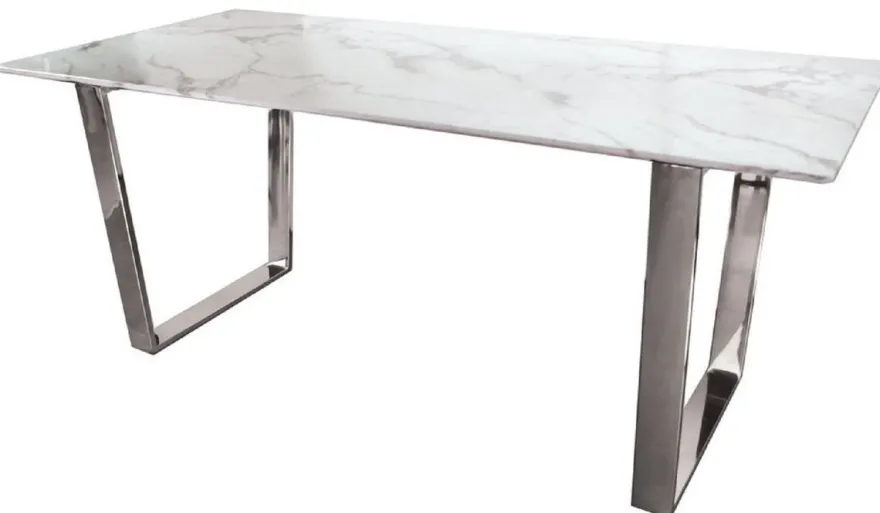Casa Padrino Luxus Esstisch Weiß / Silber 160 x 80 x H. 75 cm - Esszimmer Tisch mit Kunstmarmor Tischplatte - Esszimmer Möbel - Luxus Möbel - Luxus Einrichtung