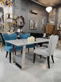 Casa Padrino Luxus Esstisch Weiß / Silber 160 x 80 x H. 75 cm - Esszimmer Tisch mit Kunstmarmor Tischplatte - Esszimmer Möbel - Luxus Möbel - Luxus Einrichtung
