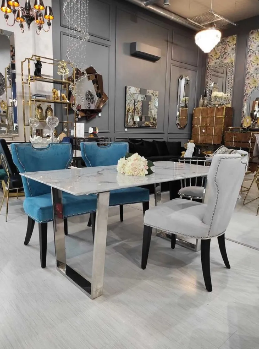Casa Padrino Luxus Esstisch Weiß / Silber 160 x 80 x H. 75 cm - Esszimmer Tisch mit Kunstmarmor Tischplatte - Esszimmer Möbel - Luxus Möbel - Luxus Einrichtung