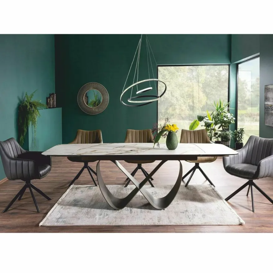 Casa Padrino Luxus Esstisch Weiß / Bernstein / Messing 160-240 cm - Ausziehbar