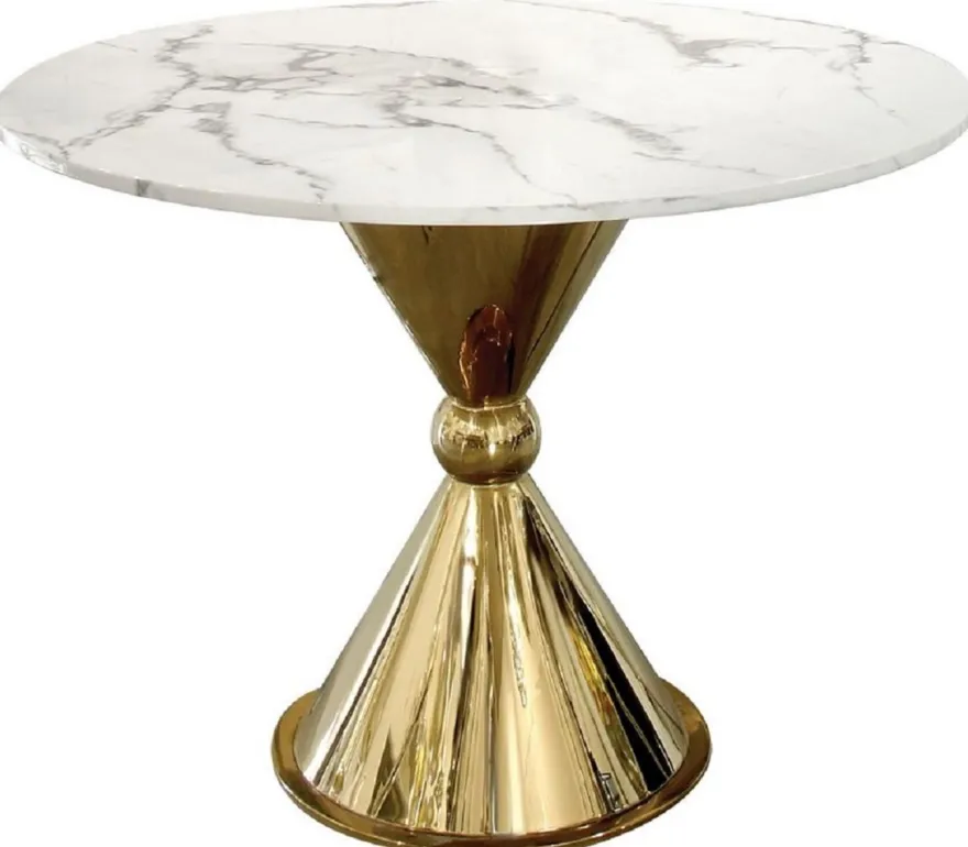 Casa Padrino Luxus Esstisch Weiß / Gold Ø 100 x H. 75 cm - Runder Esszimmertisch mit Kunstmarmor Tischplatte - Esszimmer Möbel - Luxus Möbel - Luxus Einrichtung - Esszimmer Einrichtung