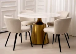 Casa Padrino Luxus Esstisch Weiß / Messingfarbig Ø 120 x H. 77 cm - Runder Marmor Küchentisch - Luxus Esszimmer Möbel
