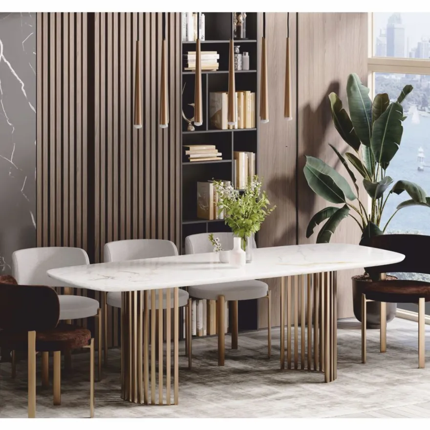 Casa Padrino Luxus Esstisch Weiß / Messing 180 cm - Luxus Esszimmer Möbel