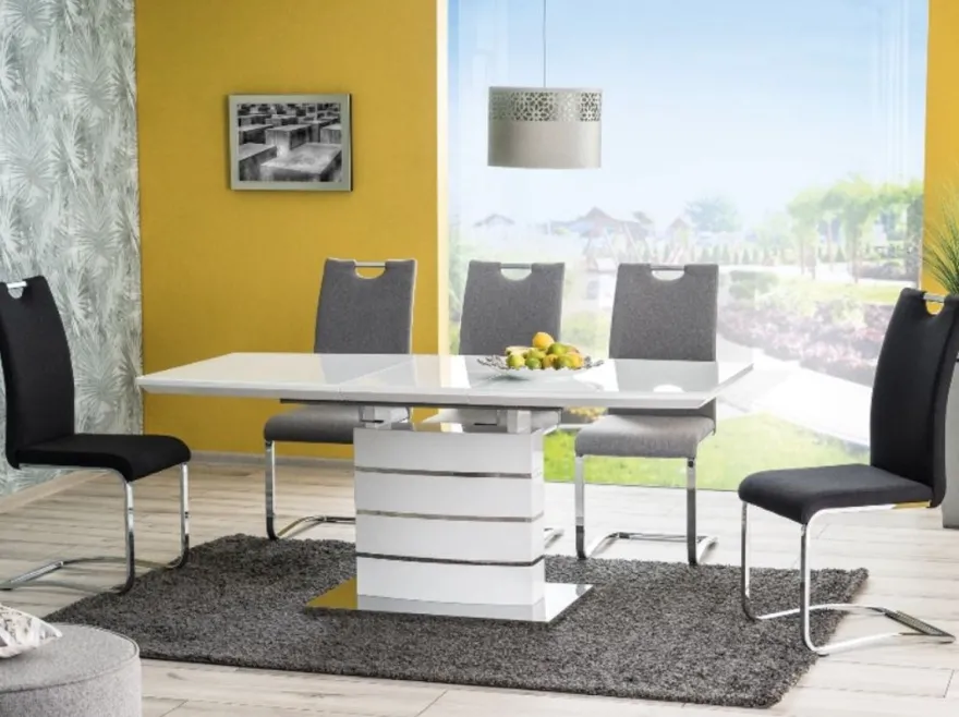 Casa Padrino Luxus Esstisch Weiß / Silber 140-180 x 80 x H. 76 cm - Ausziehbarer Esszimmertisch mit Glasplatte - Küchen Möbel