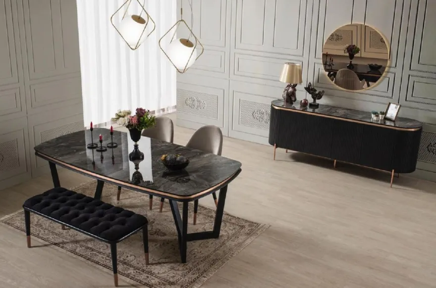 Casa Padrino Luxus Esszimmer Set Grau / Schwarz / Kupfer - 1 Luxus Esszimmertisch & 6 Luxus Esszimmerstühle mit Armlehnen - Esszimmer Möbel - Restaurant Möbel - Luxus Möbel - Luxus Einrichtung