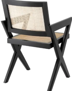 Casa Padrino Luxus Esszimmerstuhl Schwarz / Naturfarben 53 x 57 x H. 84,5 cm - Massivholz Stuhl mit Armlehnen und handgewebtem Rattangeflecht - Luxus Esszimmer Möbel