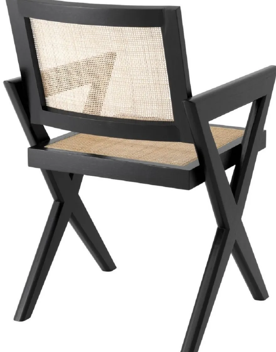 Casa Padrino Luxus Esszimmerstuhl Schwarz / Naturfarben 53 x 57 x H. 84,5 cm - Massivholz Stuhl mit Armlehnen und handgewebtem Rattangeflecht - Luxus Esszimmer Möbel