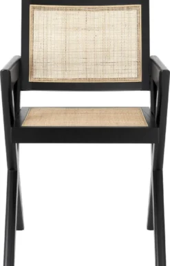 Casa Padrino Luxus Esszimmerstuhl Schwarz / Naturfarben 53 x 57 x H. 84,5 cm - Massivholz Stuhl mit Armlehnen und handgewebtem Rattangeflecht - Luxus Esszimmer Möbel
