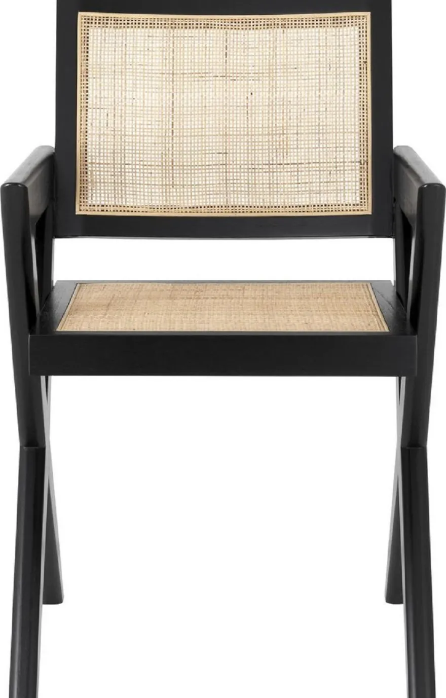Casa Padrino Luxus Esszimmerstuhl Schwarz / Naturfarben 53 x 57 x H. 84,5 cm - Massivholz Stuhl mit Armlehnen und handgewebtem Rattangeflecht - Luxus Esszimmer Möbel