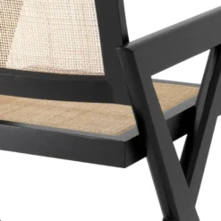 Casa Padrino Luxus Esszimmerstuhl Schwarz / Naturfarben 53 x 57 x H. 84,5 cm - Massivholz Stuhl mit Armlehnen und handgewebtem Rattangeflecht - Luxus Esszimmer Möbel