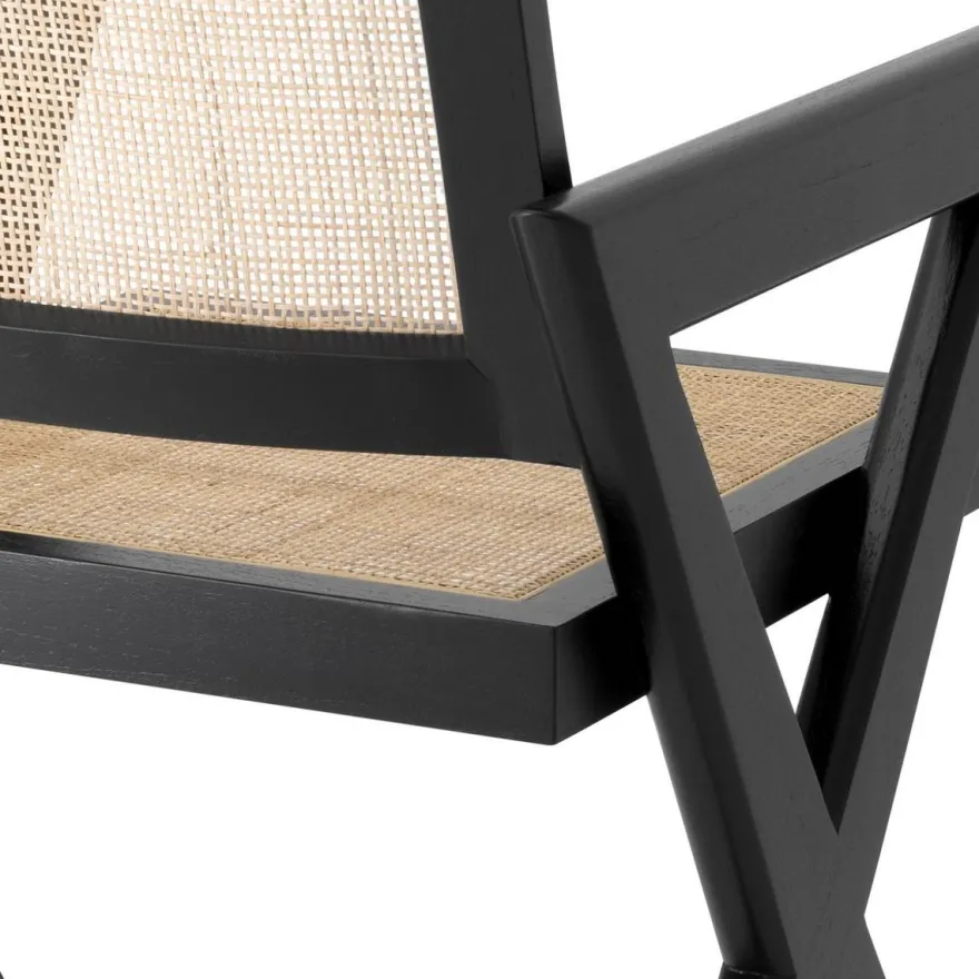 Casa Padrino Luxus Esszimmerstuhl Schwarz / Naturfarben 53 x 57 x H. 84,5 cm - Massivholz Stuhl mit Armlehnen und handgewebtem Rattangeflecht - Luxus Esszimmer Möbel