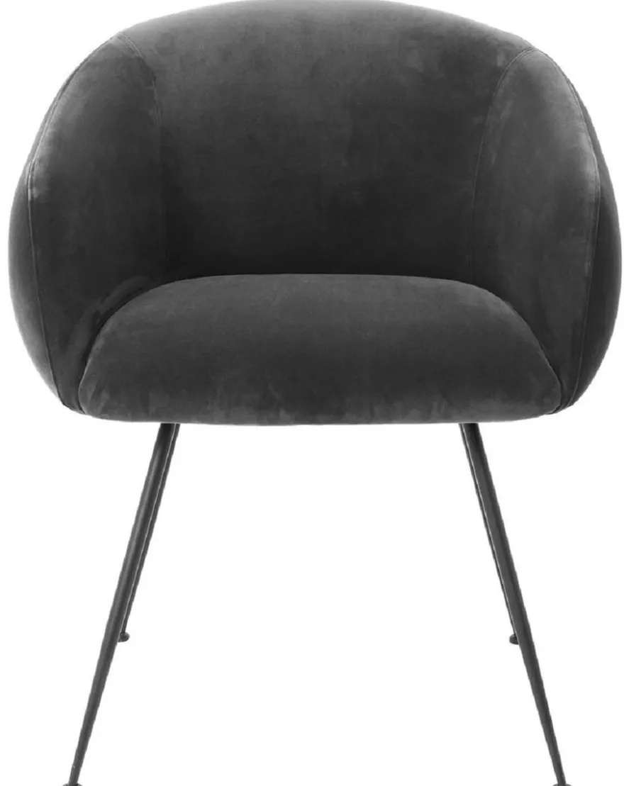 Casa Padrino Luxus Esszimmerstuhl mit Armlehnen Grau / Schwarz 61 x 60 x H. 79 cm - Küchenstuhl mit edlem Samtstoff - Esszimmer Möbel - Küchen Möbel - Luxus Möbel - Luxus Einrichtung