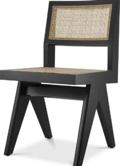 Casa Padrino Luxus Esszimmerstuhl Schwarz / Naturfarben 44 x 54 x H. 85,5 cm - Massivholz Stuhl mit Rattangeflecht - Luxus Esszimmer Möbel