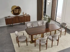 Casa Padrino Luxus Esszimmer Set Grau / Braun / Messing - 1 Luxus Esszimmertisch & 6 Luxus Esszimmerstühle mit Armlehnen - Esszimmer Möbel - Restaurant Möbel - Luxus Möbel - Luxus Einrichtung