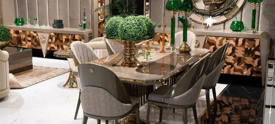 Casa Padrino Luxus Esszimmer Set Grau / Braun / Gold - 1 Luxus Esstisch & 6 Luxus Esszimmerstühle - Luxus Esszimmer Möbel