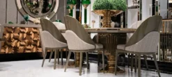 Casa Padrino Luxus Esszimmer Set Grau / Braun / Gold - 1 Luxus Esstisch & 6 Luxus Esszimmerstühle - Luxus Esszimmer Möbel
