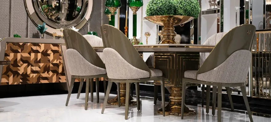 Casa Padrino Luxus Esszimmer Set Grau / Braun / Gold - 1 Luxus Esstisch & 6 Luxus Esszimmerstühle - Luxus Esszimmer Möbel
