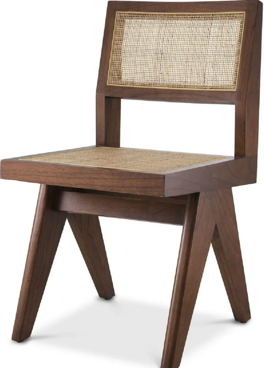 Casa Padrino Luxus Esszimmerstuhl Braun / Naturfarben 44 x 54 x H. 85,5 cm - Massivholz Stuhl mit Rattangeflecht - Luxus Esszimmer Möbel