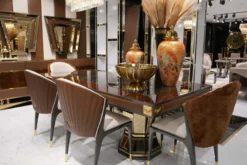 Casa Padrino Luxus Esszimmer Set Naturfarben / Braun / Grau / Gold - 1 Luxus Esstisch & 6 Luxus Esszimmerstühle - Esszimmer Möbel - Luxus Möbel - Luxus Einrichtung - Esszimmer Einrichtung