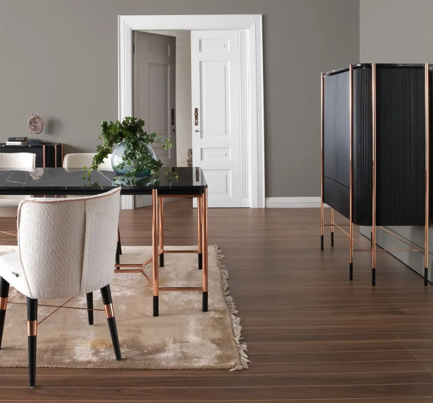 Casa Padrino Luxus Esszimmer Stuhl 8er Set Weiß / Schwarz / Kupfer 50 x 54 x H. 83 cm - Esszimmer Möbel - Restaurant Möbel - Hotel Möbel - Luxus Möbel - Luxus Kollektion