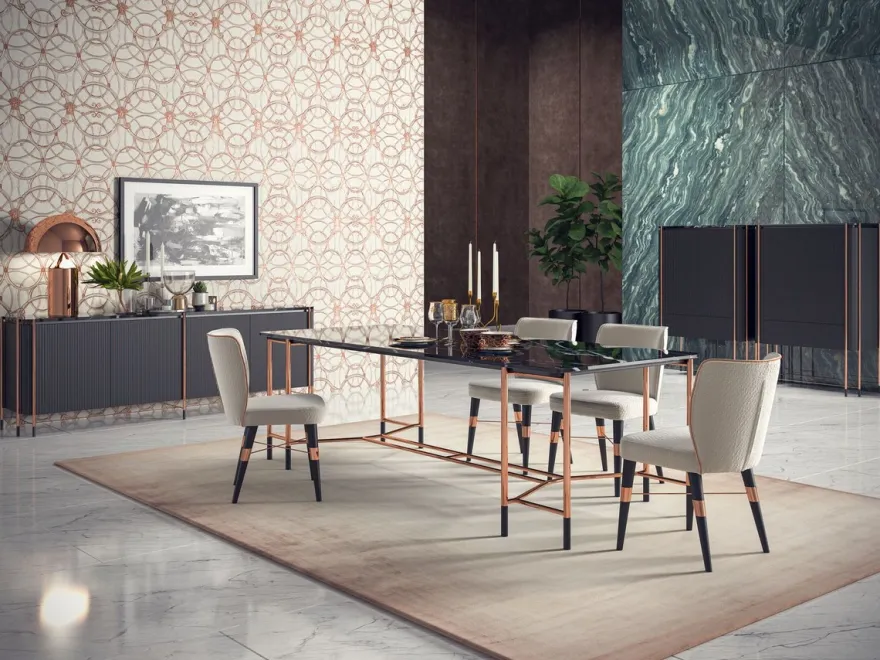 Casa Padrino Luxus Esszimmer Stuhl 8er Set Weiß / Schwarz / Kupfer 50 x 54 x H. 83 cm - Esszimmer Möbel - Restaurant Möbel - Hotel Möbel - Luxus Möbel - Luxus Kollektion