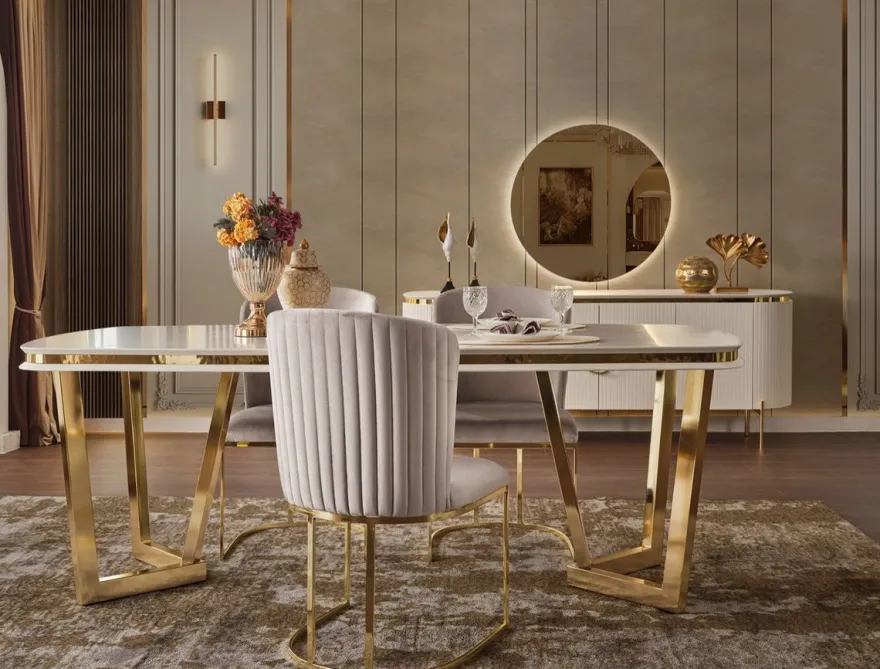 Casa Padrino Luxus Esszimmer Set Weiß / Grau / Gold - 1 Esstisch & 4 Esszimmerstühle - Moderne Esszimmer Möbel