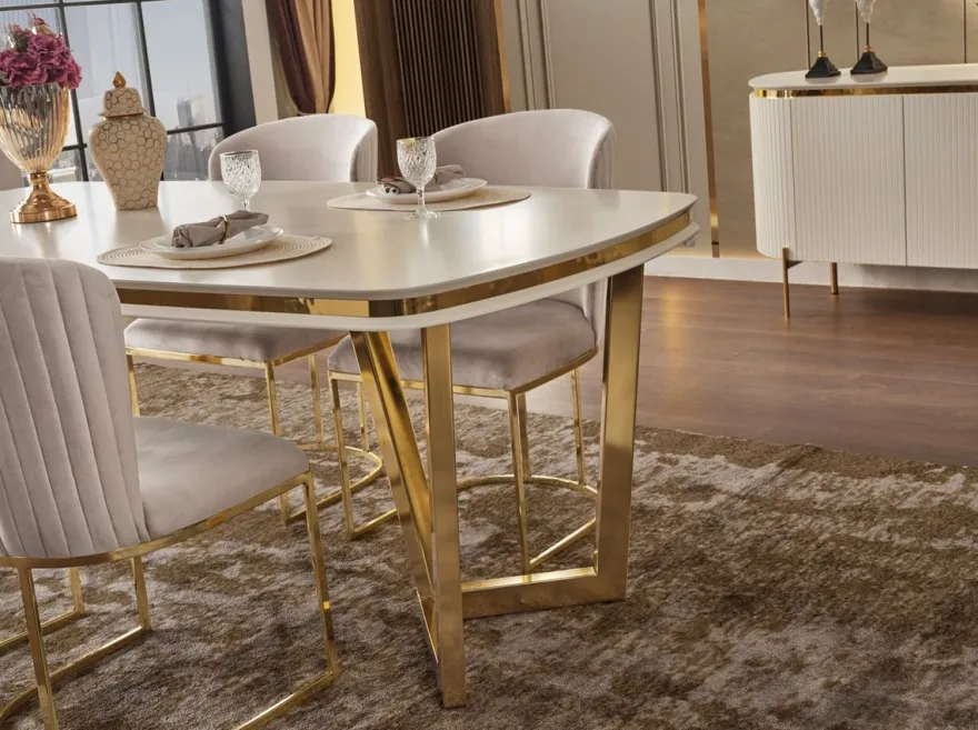 Casa Padrino Luxus Esszimmer Set Weiß / Grau / Gold - 1 Esstisch & 4 Esszimmerstühle - Moderne Esszimmer Möbel