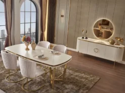 Casa Padrino Luxus Esszimmer Set Weiß / Grau / Gold - 1 Esstisch & 4 Esszimmerstühle - Moderne Esszimmer Möbel
