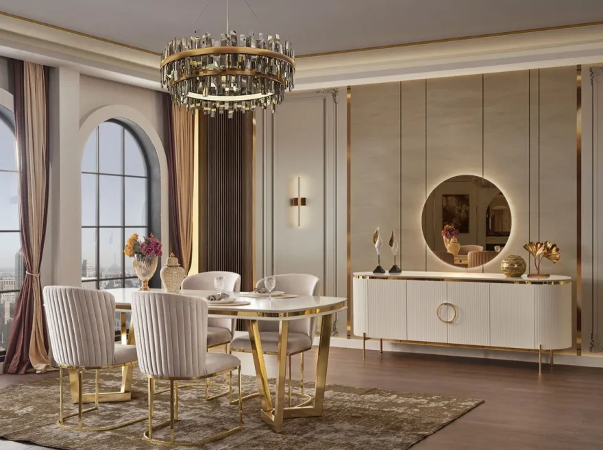 Casa Padrino Luxus Esszimmer Set Weiß / Grau / Gold - 1 Esstisch & 4 Esszimmerstühle - Moderne Esszimmer Möbel