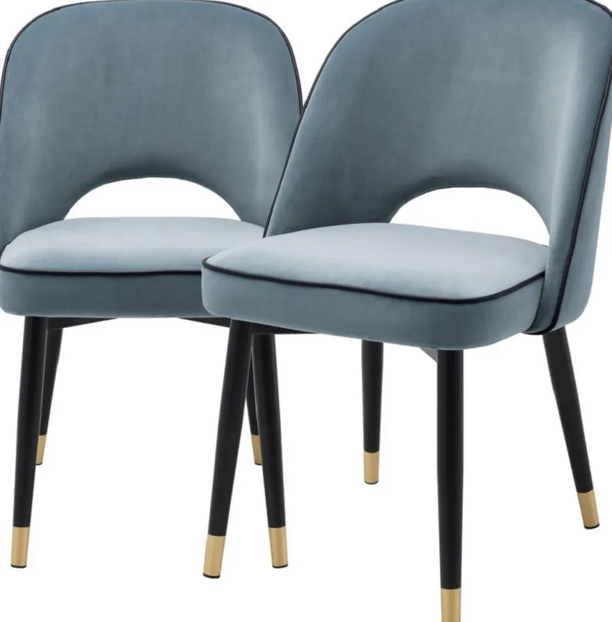 Casa Padrino Luxus Esszimmerstuhl Set Blau / Schwarz / Messing 53 x 56 x H. 84 cm - Esszimmerstühle mit edlem Samtstoff - Esszimmer Möbel